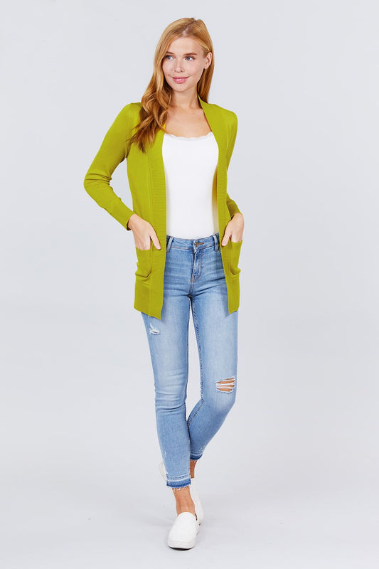 Long Sleeve Rib Banded Open Sweater Cardigan W/pockets