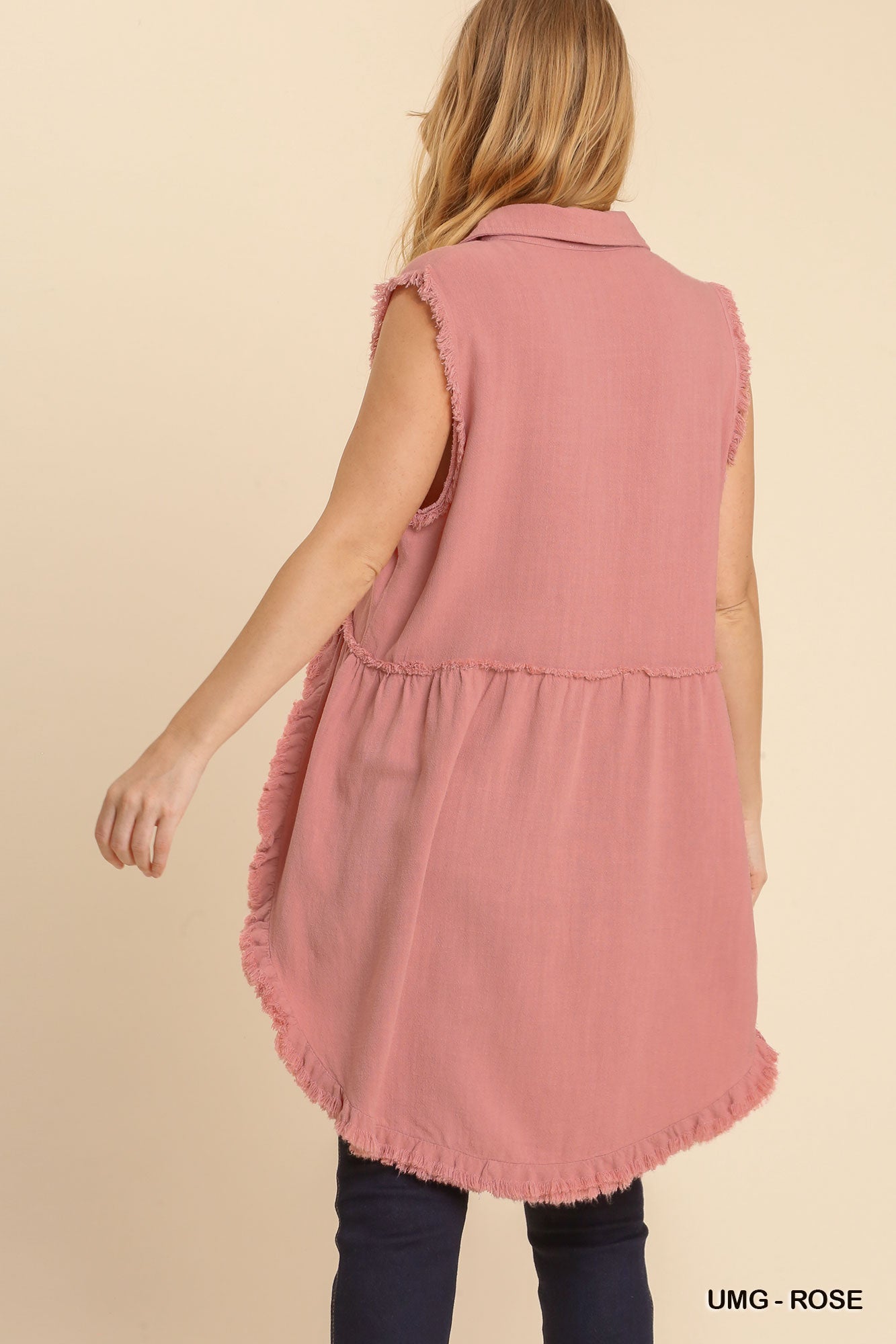 Linen Blend Sleeveless Button Front Tunic With Frayed Round Hems