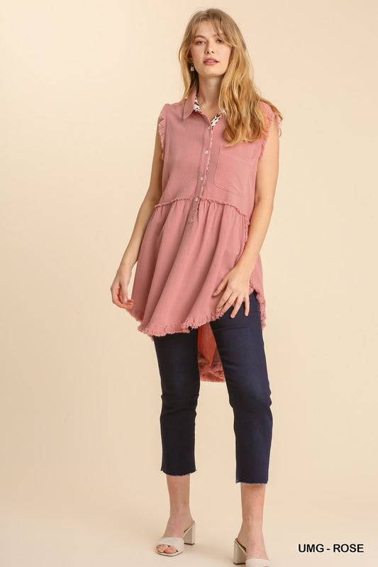 Linen Blend Sleeveless Button Front Tunic With Frayed Round Hems