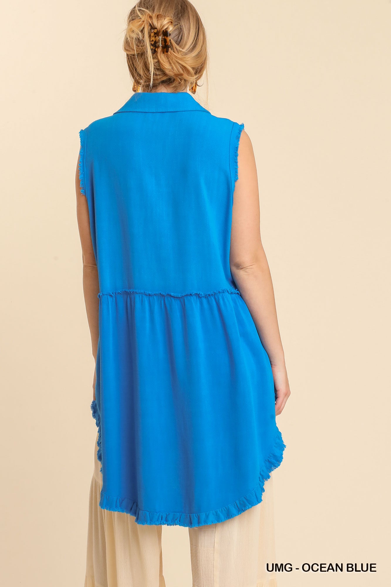 Linen Blend Sleeveless Button Front Tunic With Frayed Round Hems