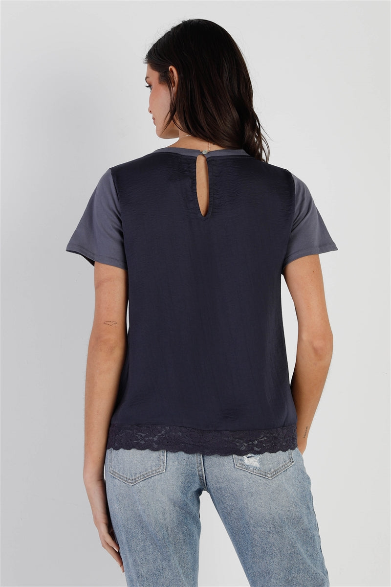 Blue Satin Effect Lace Trim Detail Short Sleeve Top