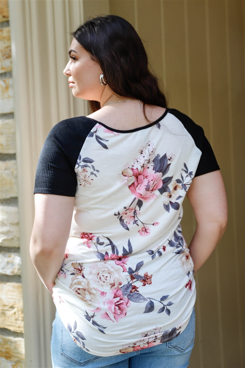 Plus Floral Print & Ribbed Black Colorblock Top