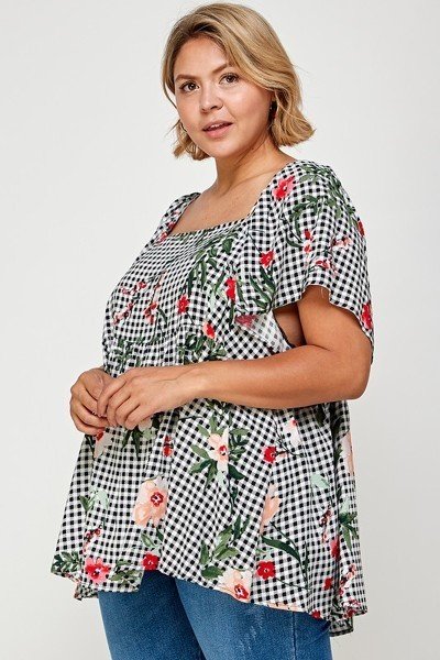 Plus Size Floral Check Printed Rayon Challis Square Neck Fashion Top