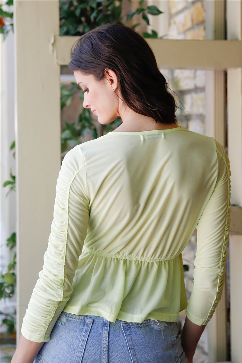 Mesh Wrap V-neck Flare Hem Ruched Long Sleeve Top