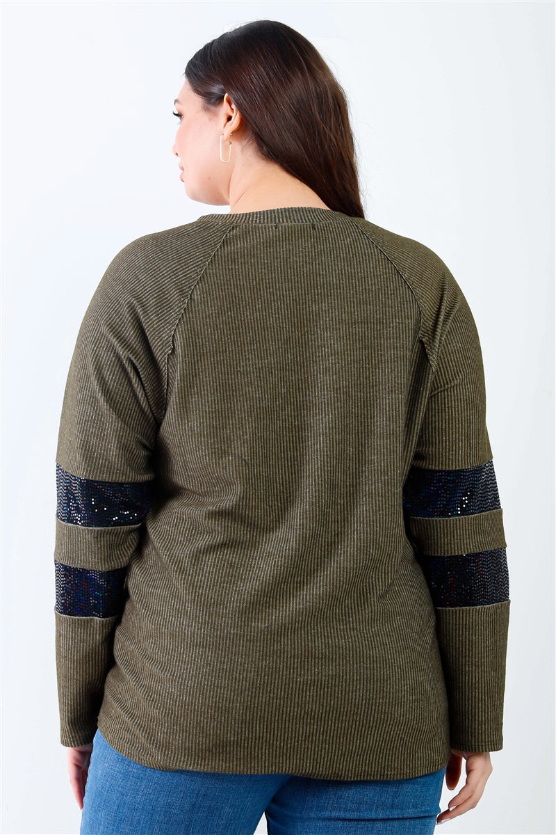 Plus Ribbed Sequin Detail Long Sleeve Top