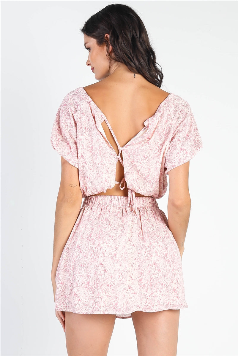 Cream & Pink Paisley Print Textured Crop Top & Mini Skirt Set