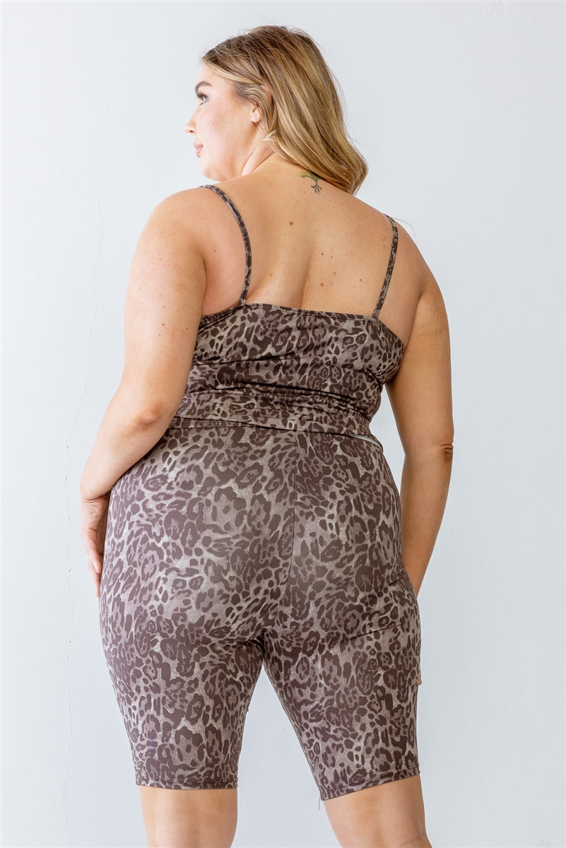 Plus Mocha Leopard Print Elasticized Sleeveless Ruched Top & High Waist Shorts Set