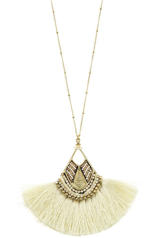 Mix jewel bead fringe tassel fan pendant long necklace