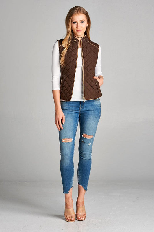 Quilted Padding Vest With Suede Piping Details