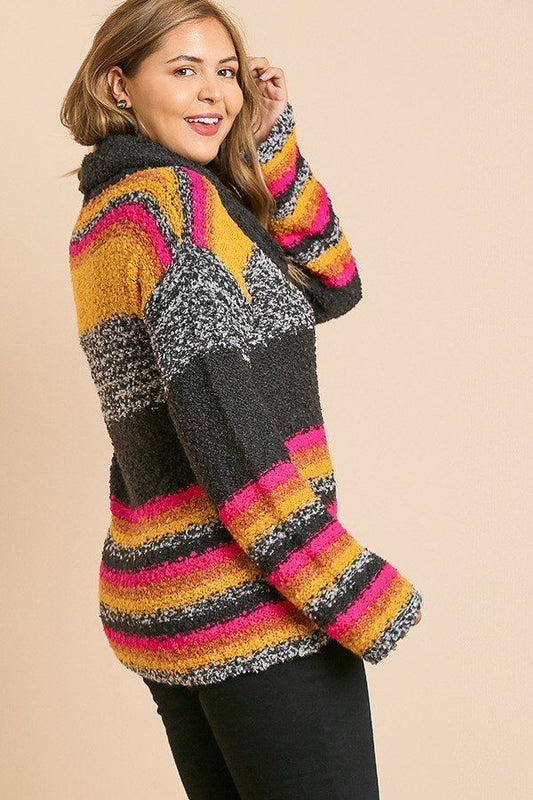 Multicolor Striped Fuzzy Knit Long Sleeve Pullover