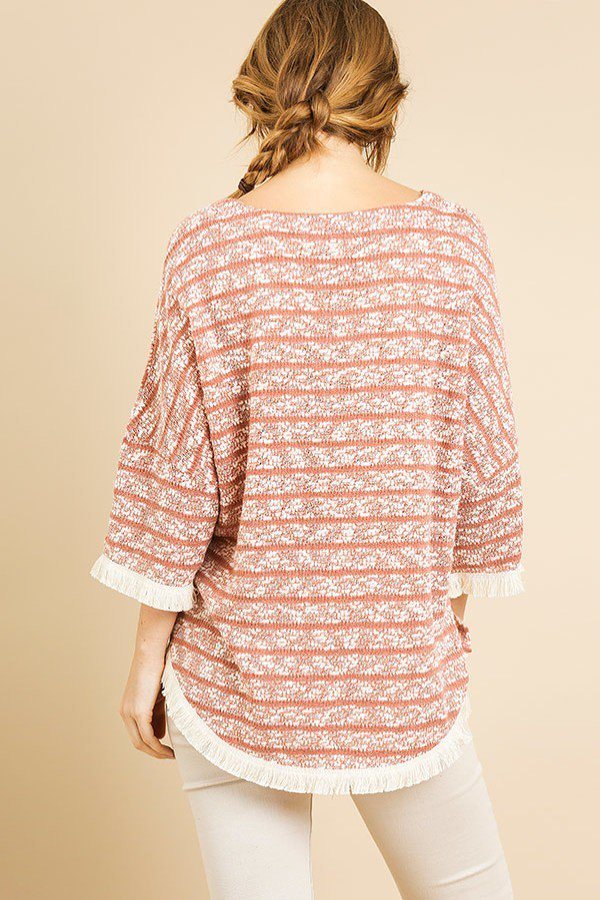 Heathered Striped Knit Bell Sleeve Round Neck Top