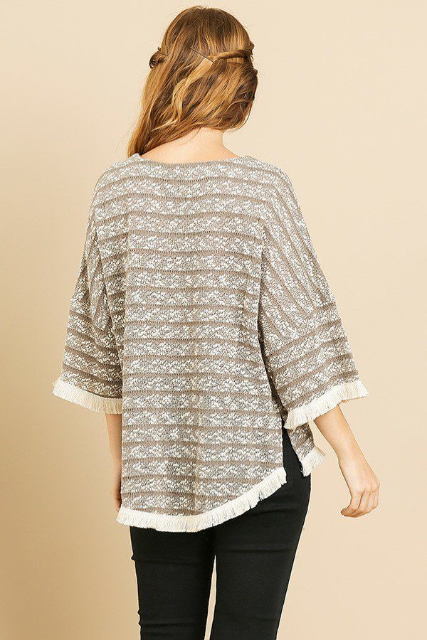 Heathered Striped Knit Bell Sleeve Round Neck Top