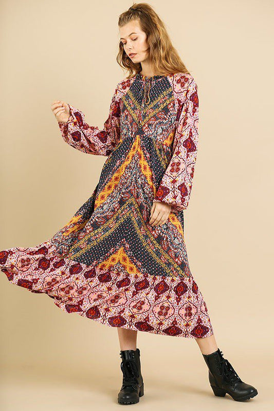 Scarf Mixed Print Long Puff Sleeve Keyhole Maxi Dress