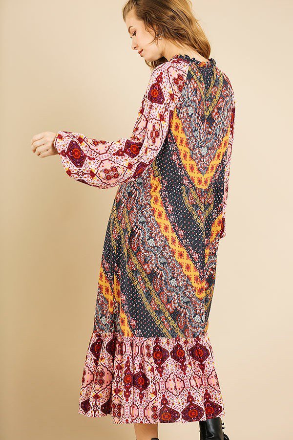 Scarf Mixed Print Long Puff Sleeve Keyhole Maxi Dress