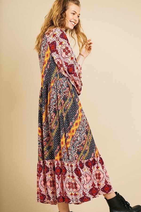 Scarf Mixed Print Long Puff Sleeve Keyhole Maxi Dress