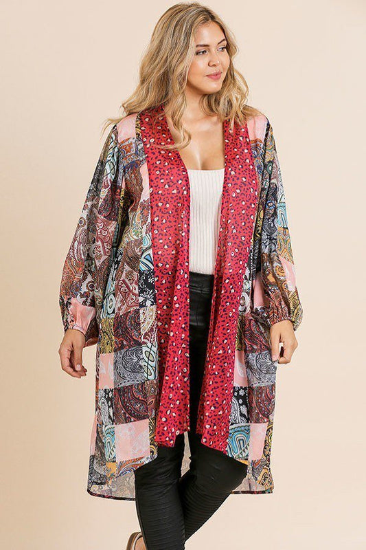 Sheer Animal Scarf Mixed Print Long Puff Sleeve Open Front Long Kimono