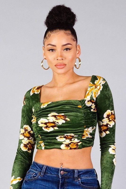 Ruched Velvet Floral Back Tie Crop Top