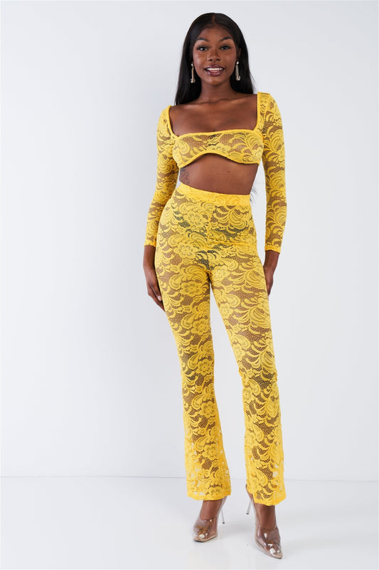 Sheer Floral Lace Crop Square Neck Top & High Waist Flare Pant Set