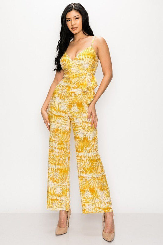 Tropical Leaf Print Tie Waist Jumpsuit