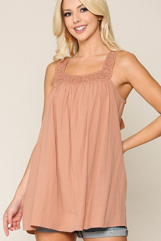 Square Neck Crochet Trim Sleeveless Top