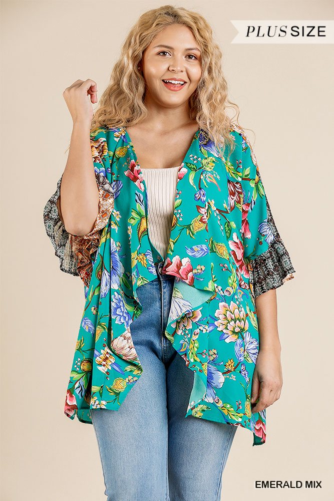 Floral Mixed Print Ruffle Bell Sleeve Open Front Kimono With Side Slits
