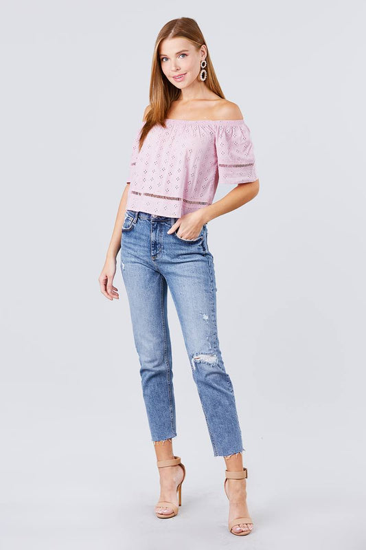 Elbow Sleeve Off The Shoulder Lace Trim Eyelet Detail Woven Top