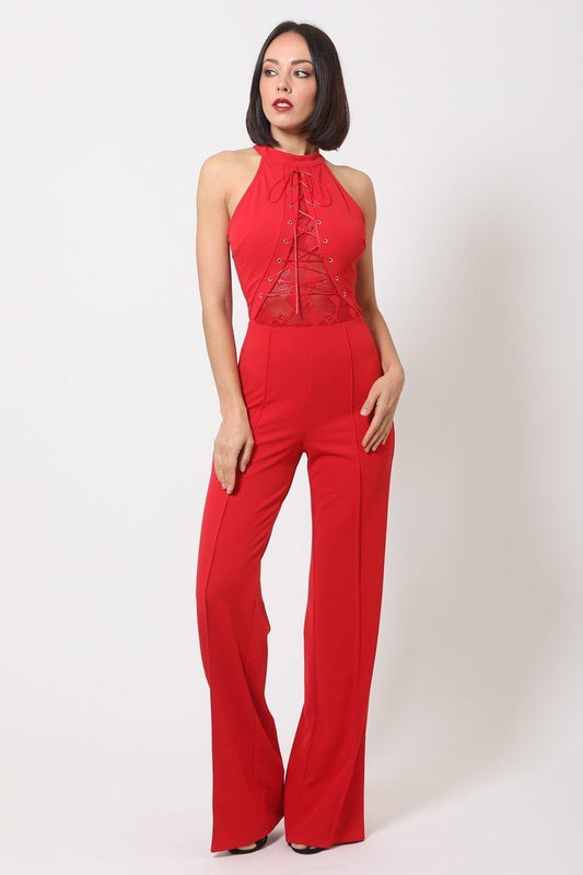 Halter Neck Jumpsuit W/ Criss Cross Front Tie Designs