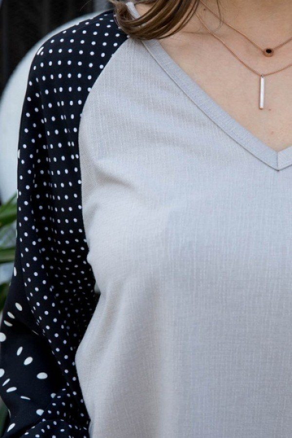 V Neck Contrast Woven Dot Print Long Sleeve Knit Top