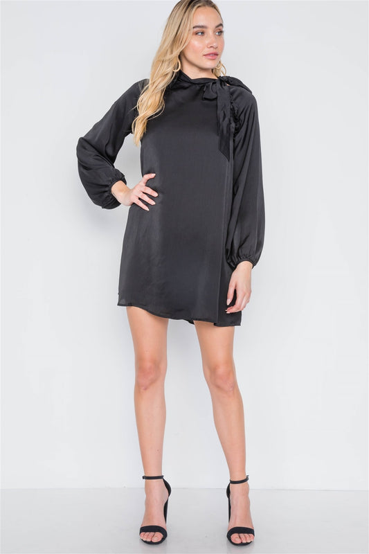 Satin Long Sleeve Side-tie Mini Dress