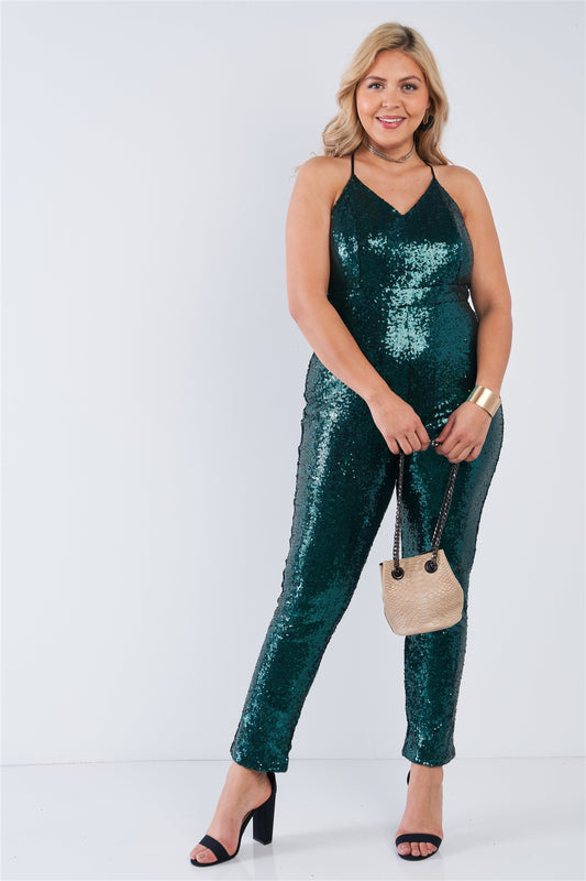 Plus Size Sequin V-neck Criss Cross Open Back Bodycon Jumpsuit