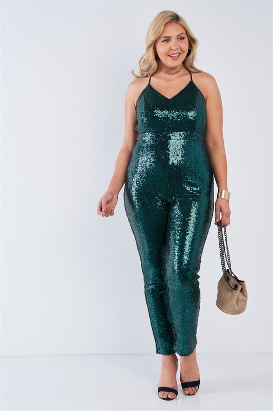 Plus Size Sequin V-neck Criss Cross Open Back Bodycon Jumpsuit