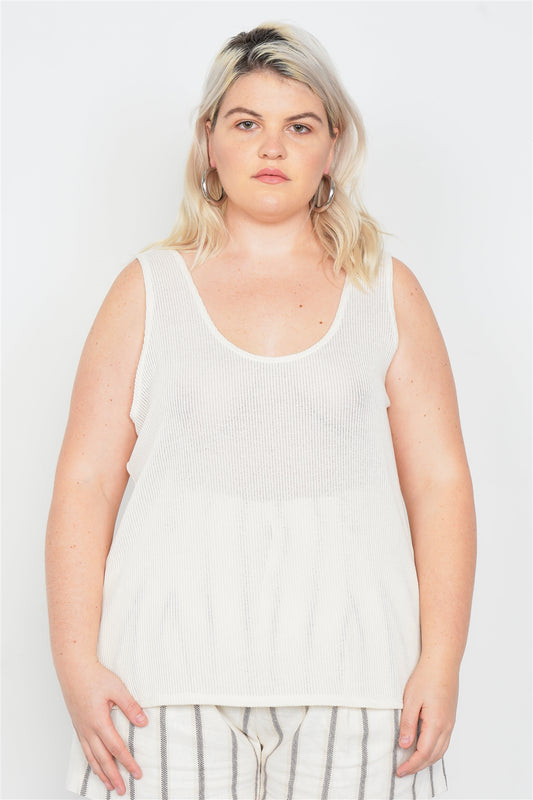 Plus Size Sheer Ivory Ribbed Causal Tank Top