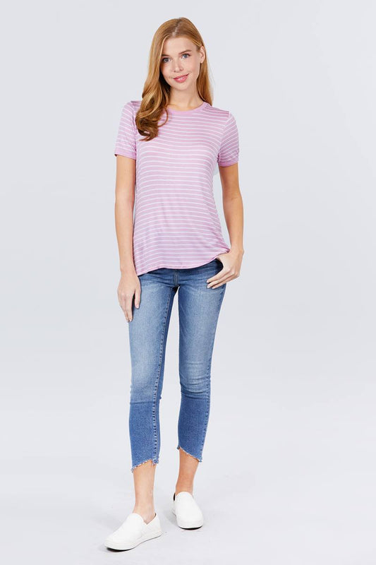 Short Sleeve Crew Neck Stripe Rayon Spandex Ringer Knit Top