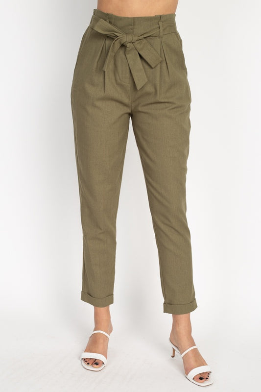 Belted Linen Paper Bag Pants