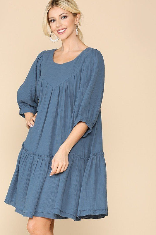 3/4 Sleeve Pocket Ruffle Pintuck Swing Dress