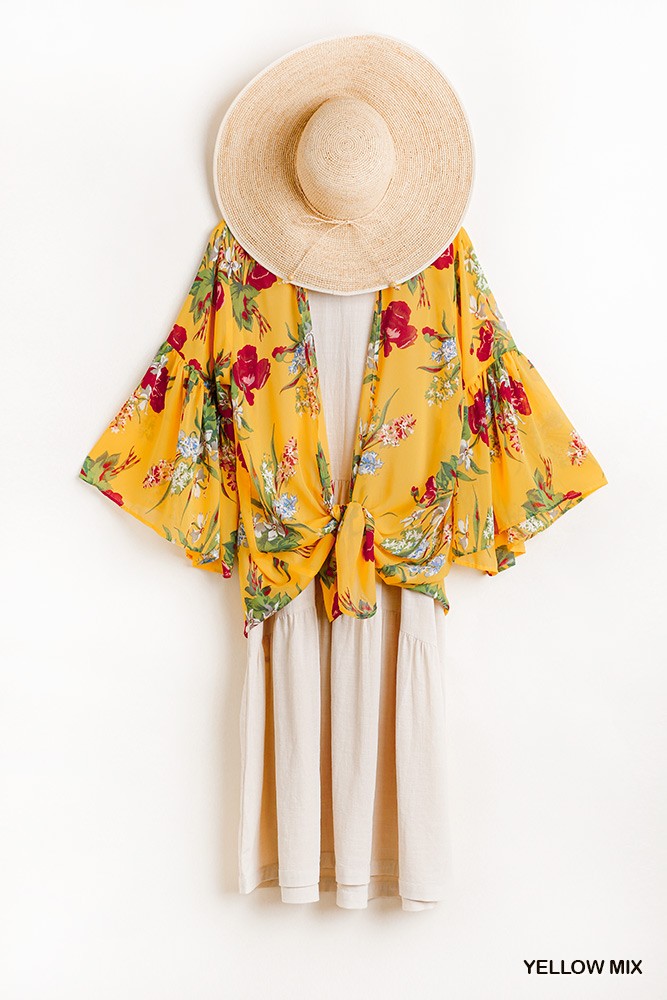 Floral Print Open Front Kimono With Flowy Sleeves