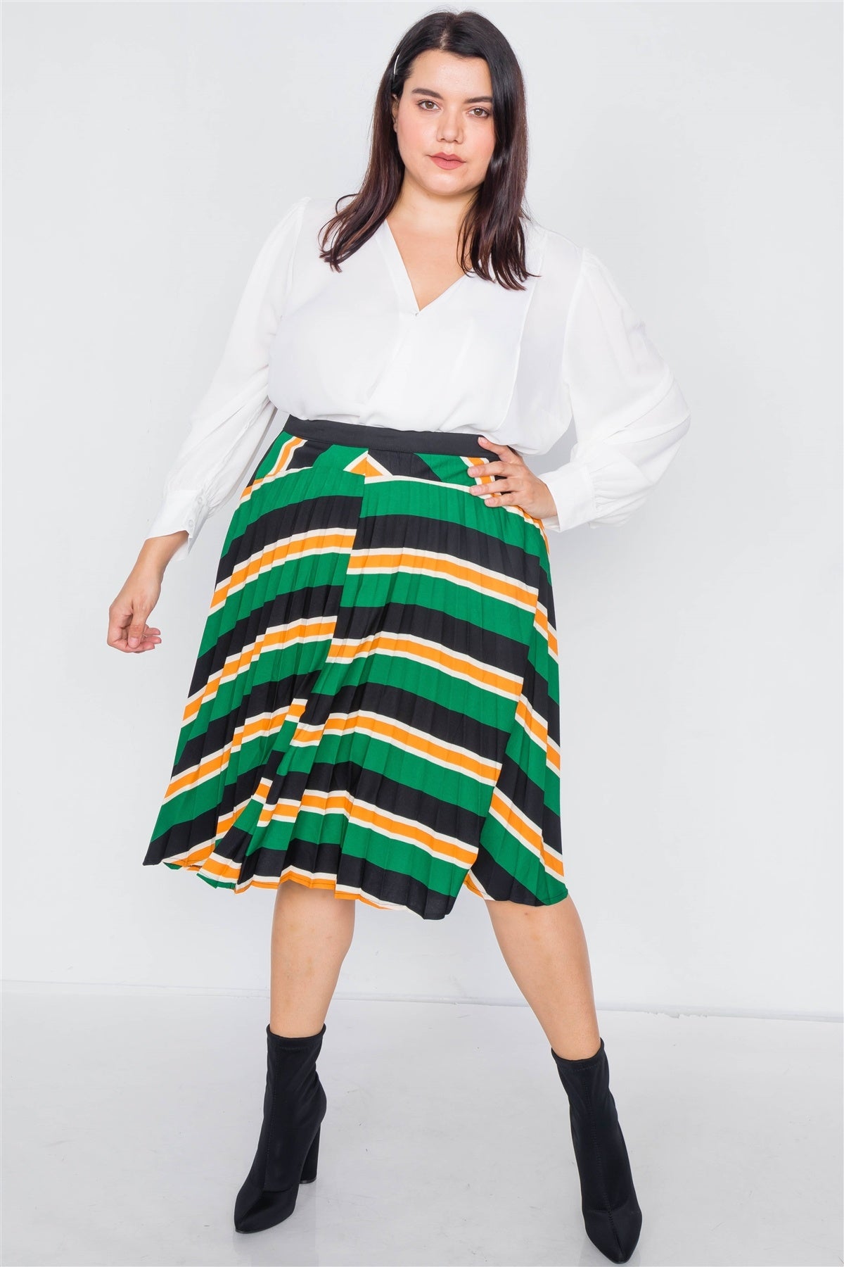 Plus Size Green Multi Stripe Pleated Midi Skirt