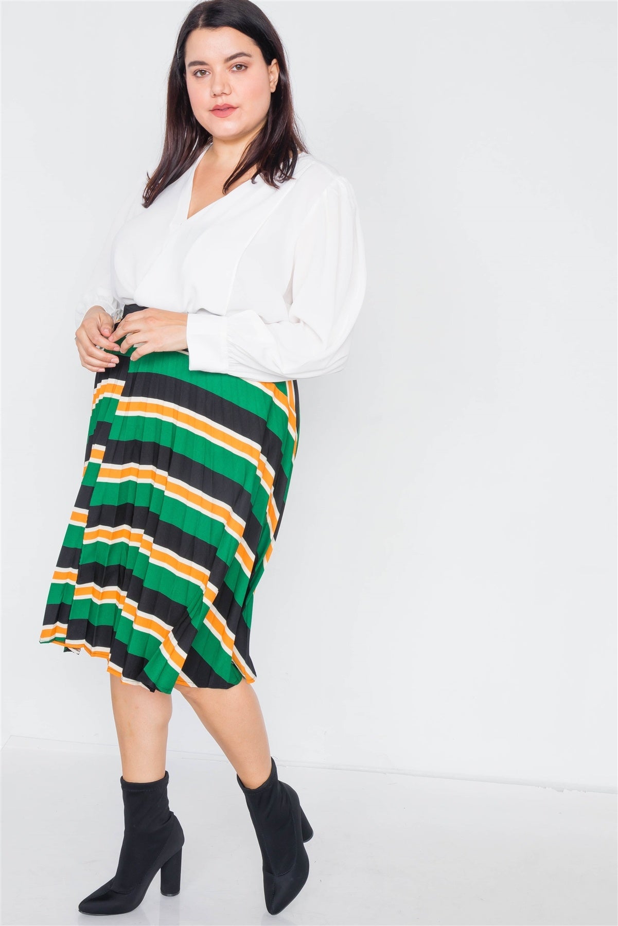 Plus Size Green Multi Stripe Pleated Midi Skirt