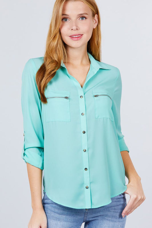 3/4 Roll Up Sleeve Pocket W/zipper Detail Woven Blouse