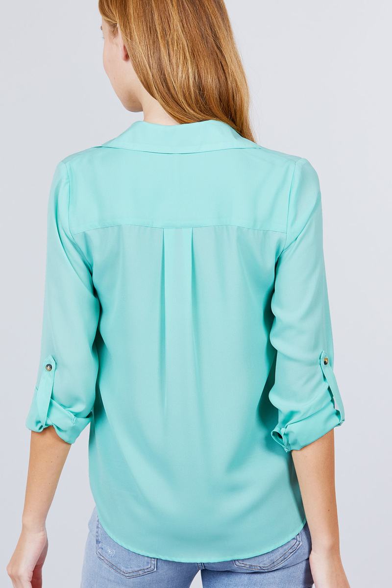 3/4 Roll Up Sleeve Pocket W/zipper Detail Woven Blouse