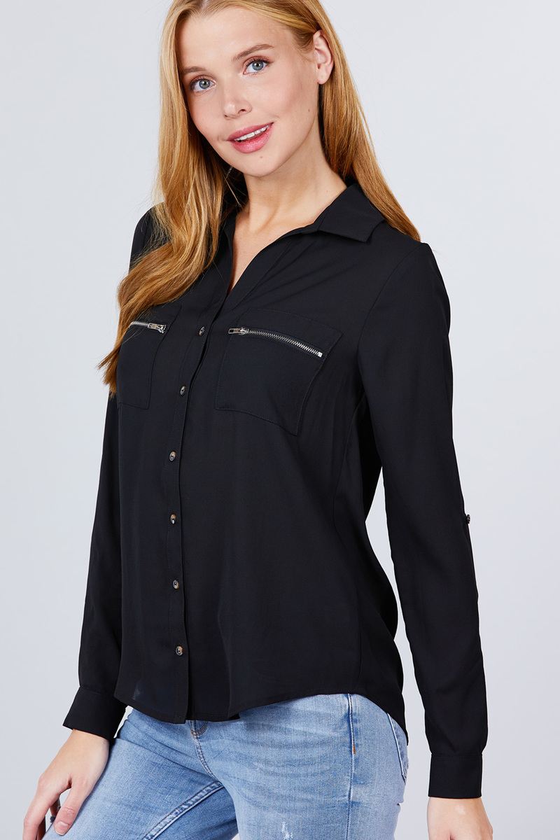 3/4 Roll Up Sleeve Pocket W/zipper Detail Woven Blouse