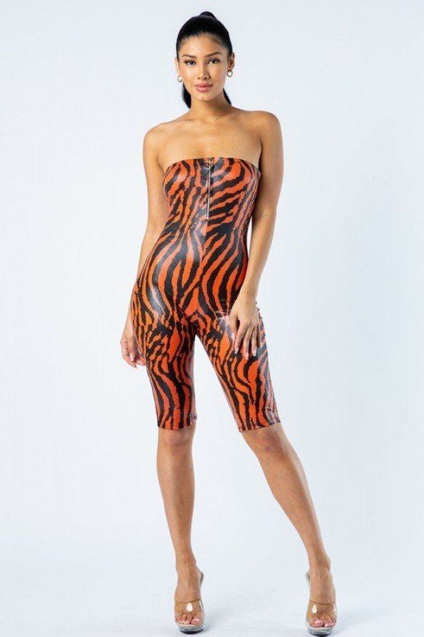 Zebra Print Tube Romper With Front O Ring Zipper Detail