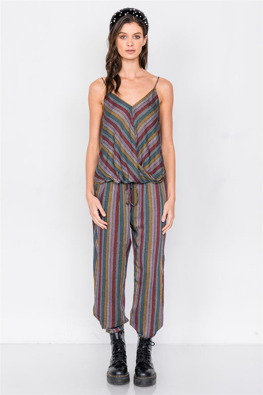 Multi Stripe Scoop Neck High-low Cami & Side Slit Harem Pant Set