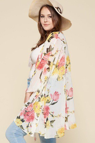 Plus Size Floral Printed Oversize Flowy And Airy Kimono With Dramatic Bell Sleeves