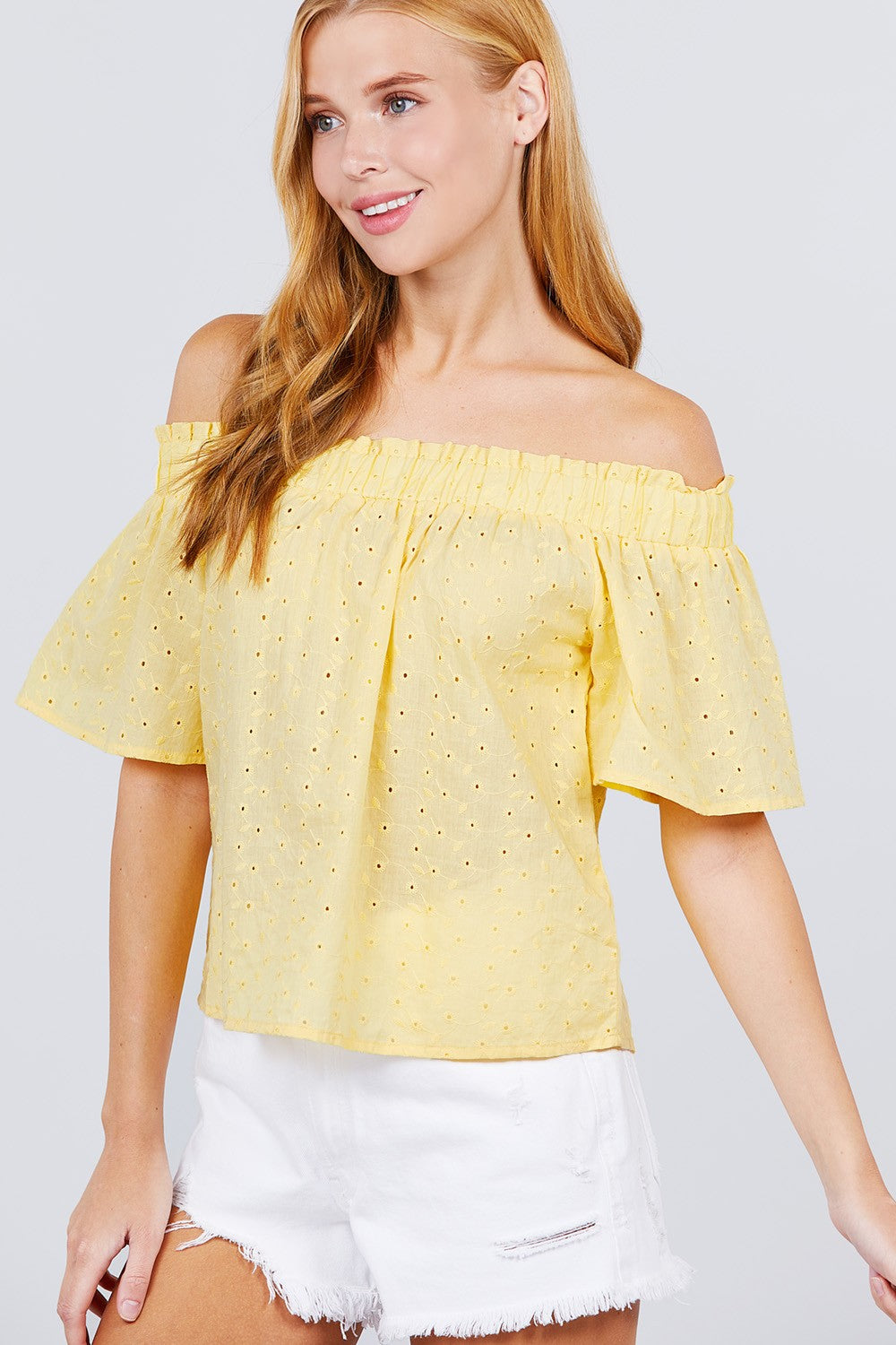 Short Sleeve Off The Shoulder Eyelet Woven Top