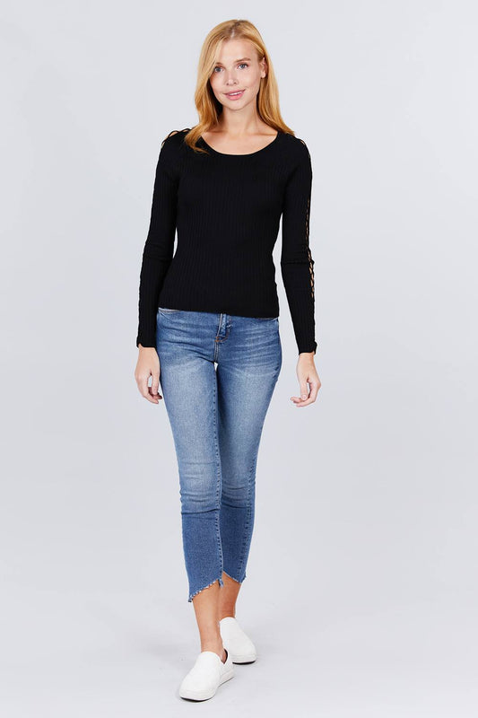 Long Sleeve W/strappy Detail Round Neck Rib Sweater Top