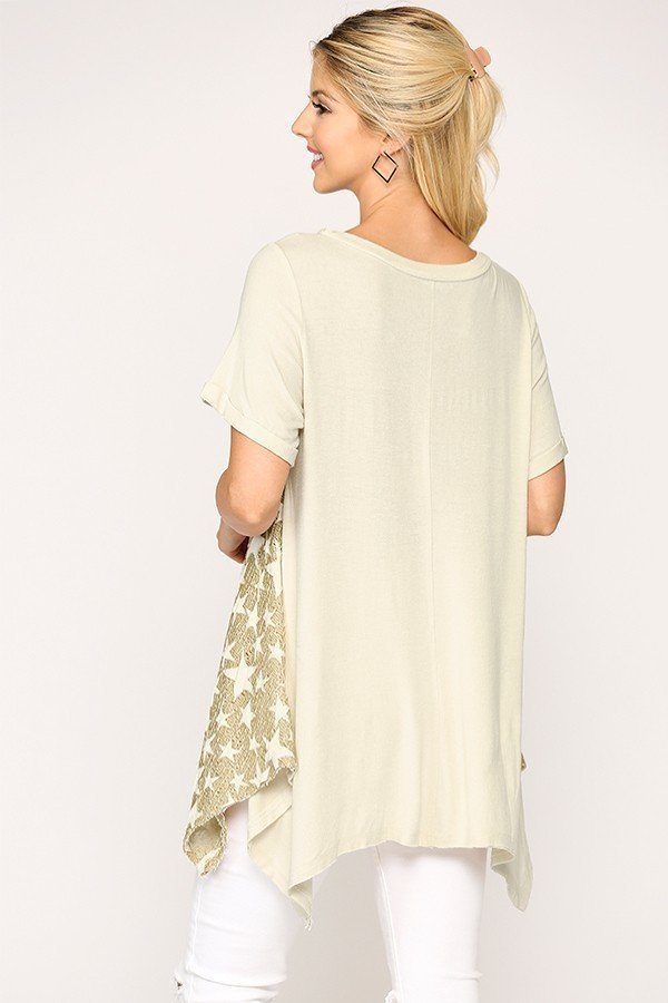 Star Textured Knit Mixed Tunic Top With Shark Bite Hem