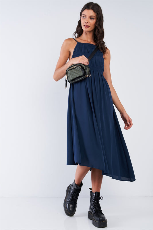 Navy Seal Blue Asymmetrical Square Neck Adjustable Cami Strap Maxi Dress