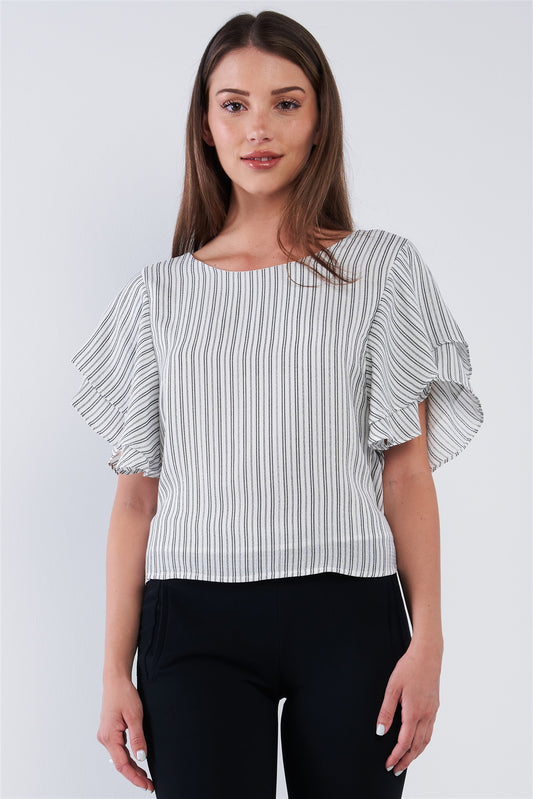 White Black Striped Ruffled Sleeve Backless Belted Blouse Top