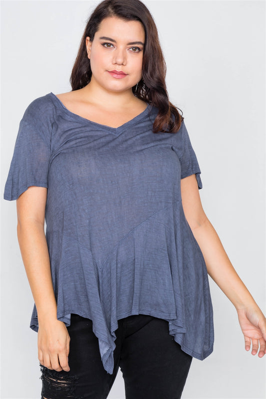 Plus Size Indigo High-low Relaxed Fit Raw Hem Top